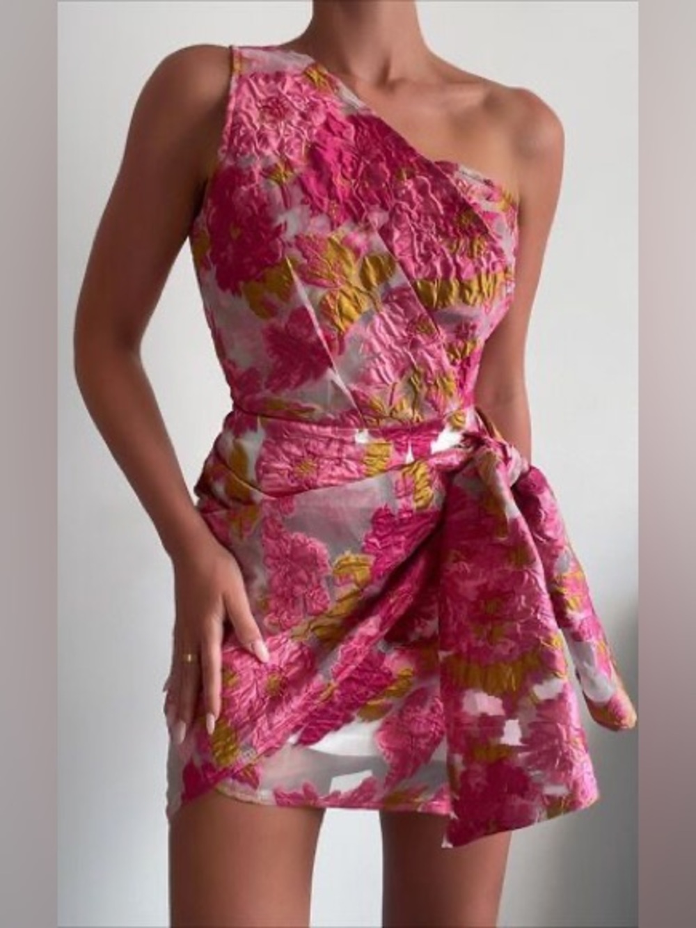 Reverse Showpro One-Shoulder Pink and Yellow Floral Jacquard Mini Dress